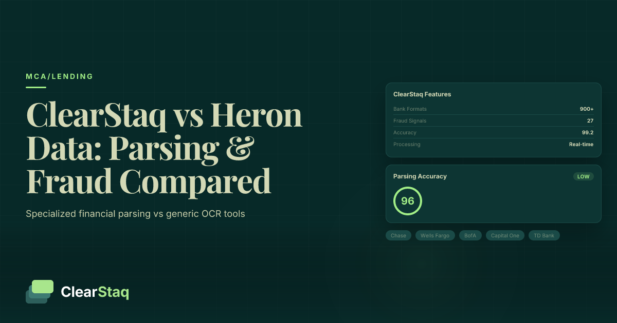 ClearStaq vs Heron Data: Parsing, Fraud Detection, and Pricing Compared